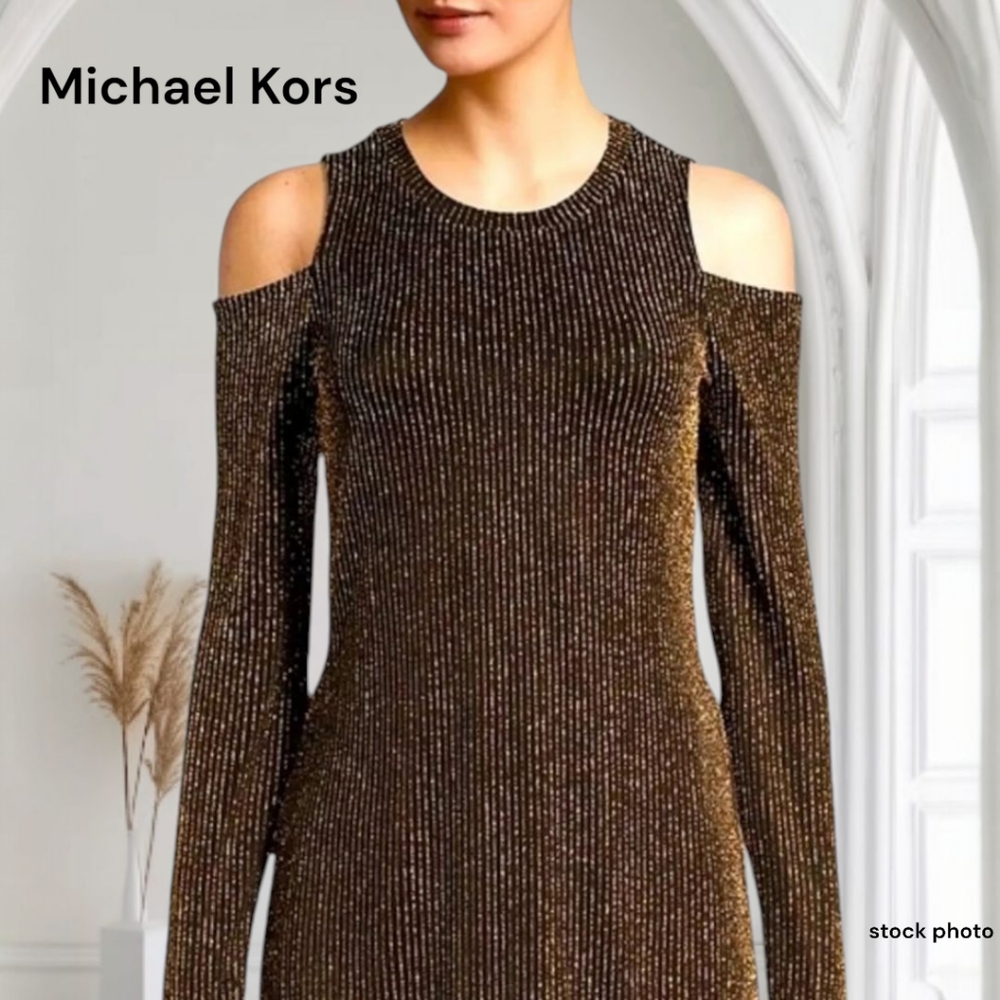 Michael Kors Black and Gold Shimmer Long Sleeve Cold Shoulder Top